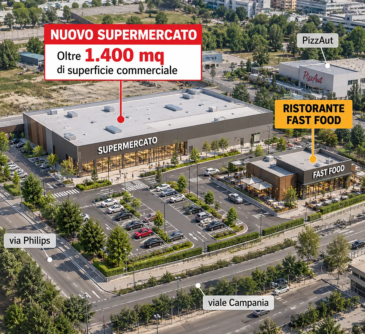 Nuovo supermercato e fast food in vista aerea