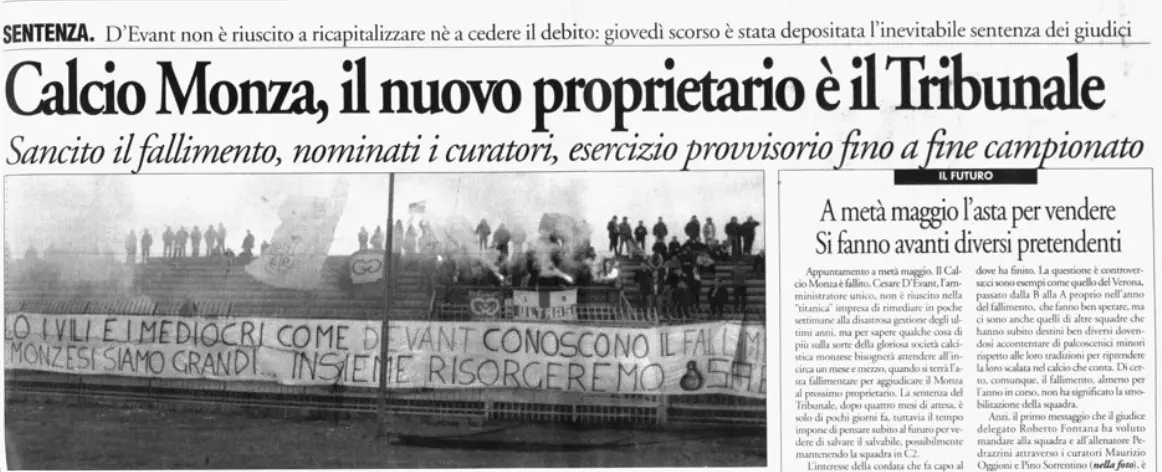 18 marzo 2004: il Calcio Monza dichiarato fallito dal Tribunale (da Il Cittadino del 25 marzo 2004)