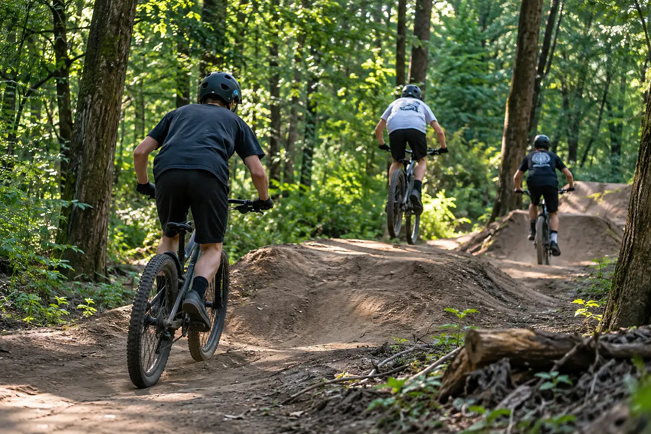 Ciclisti sui salti nel bosco