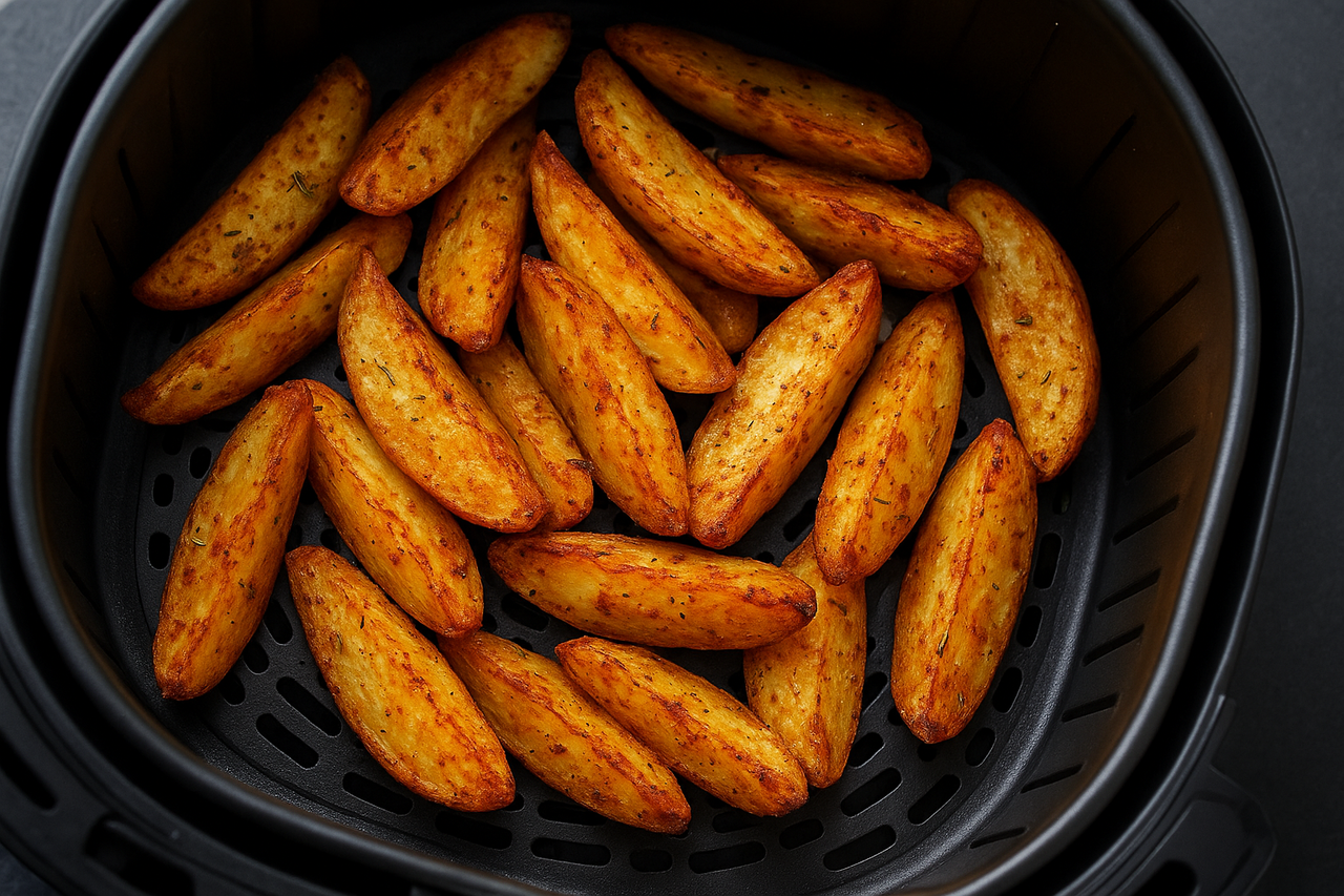 patate croccanti in friggitrice ad aria nel cestello nero