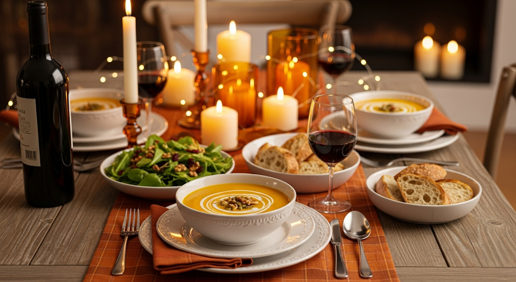 tavola imbandita in stile autunnale con candele soffuse