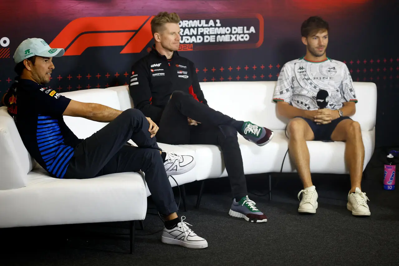 Pérez, Hulkenberg e Gasly in conferenza stampa a Città del Messico.