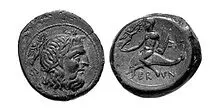 Brundisium, bronzo (circa 215 a.C.). Testa di Nettuno / giovane su delfino