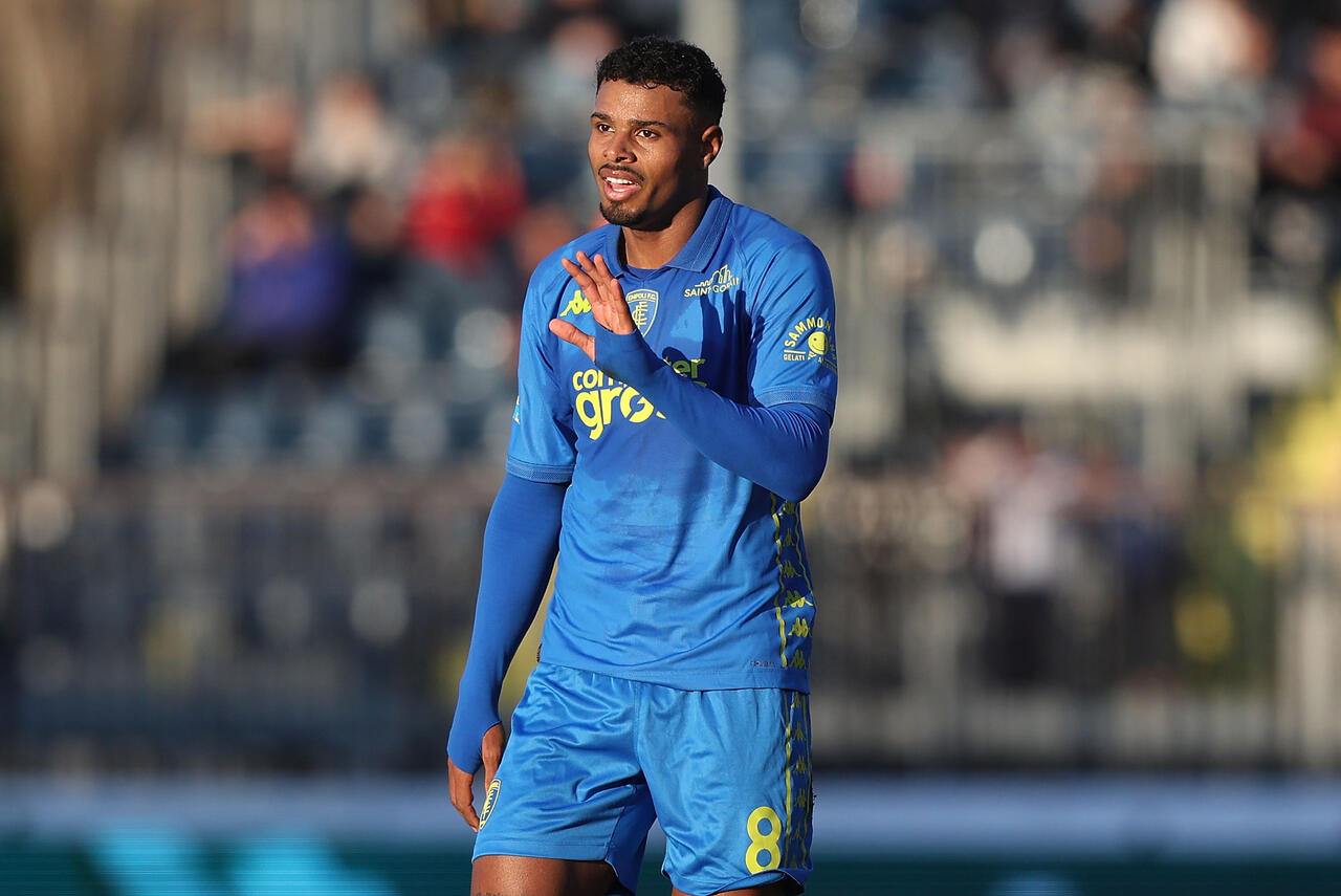 Tino Anjorin of Empoli FC reacts during the Serie A match between Empoli and Genoa at Stadio Carlo Castellani on December 28, 2024 in Empoli, Italy.