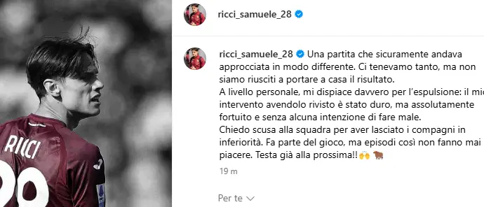 Samuele Ricci - il post su Instagram