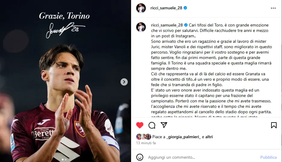 Samuele Ricci saluta il Torino