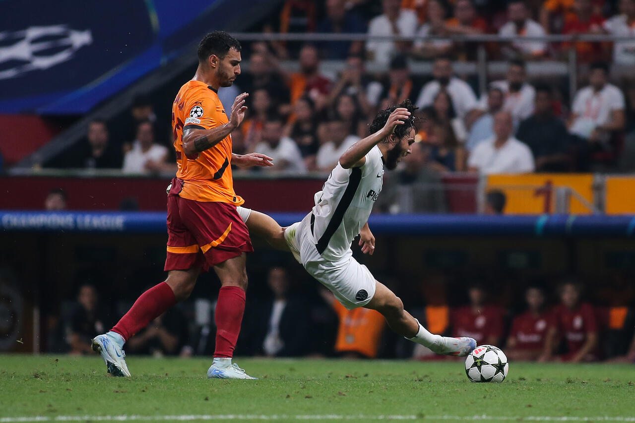 Jaouen Hadjam of Young Boys is tackled by Kaan Ayhan of Galatasaray during the UEFA Champions League match between Galatasaray and Young Boys at Rams Park on August 27, 2024 in Istanbul, Turkey.