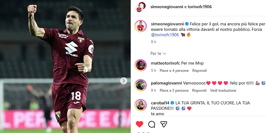 Torino Parma, Giovanni Simeone festeggia sui social
