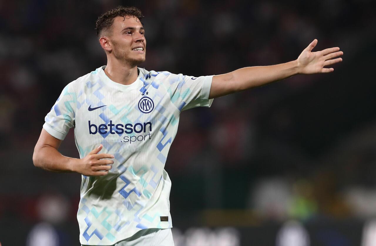 Kristjan Asllani of FC Internazionale gestures during the Pre-season Friendly match between AC Monza and FC Internazionale at U-Power Stadium on August 12, 2025 in Monza, Italy.