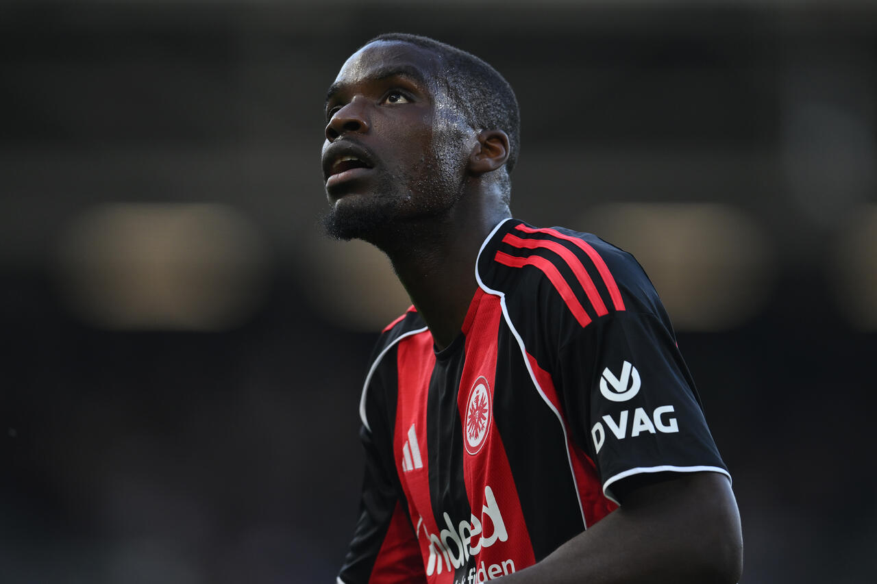 Niels Nkounkou of Eintract Frankfurt during the pre-season friendly match between Fulham and Eintract Frankfurt at Craven Cottage on August 09, 2025 in London, England.