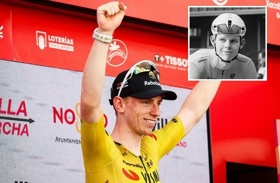 Matthew Brennan sul podio della Vuelta 2026 (foto via Instagram @matty.brennan_). Nel riquadrino Finlay Tarling (© NSN Cycling)