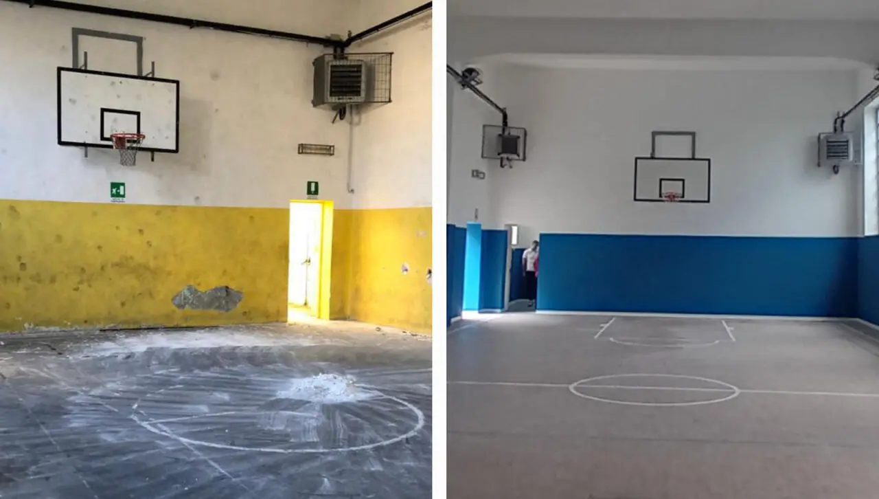 Prima e dopo della palestra dell'istituto Lentini di Mottola