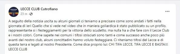 il commento Facebook del Lecce Club Cutrofiano