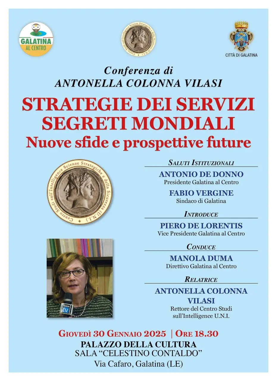 Locandina conferenza "Stretegie dei servizi segreti mondiali"