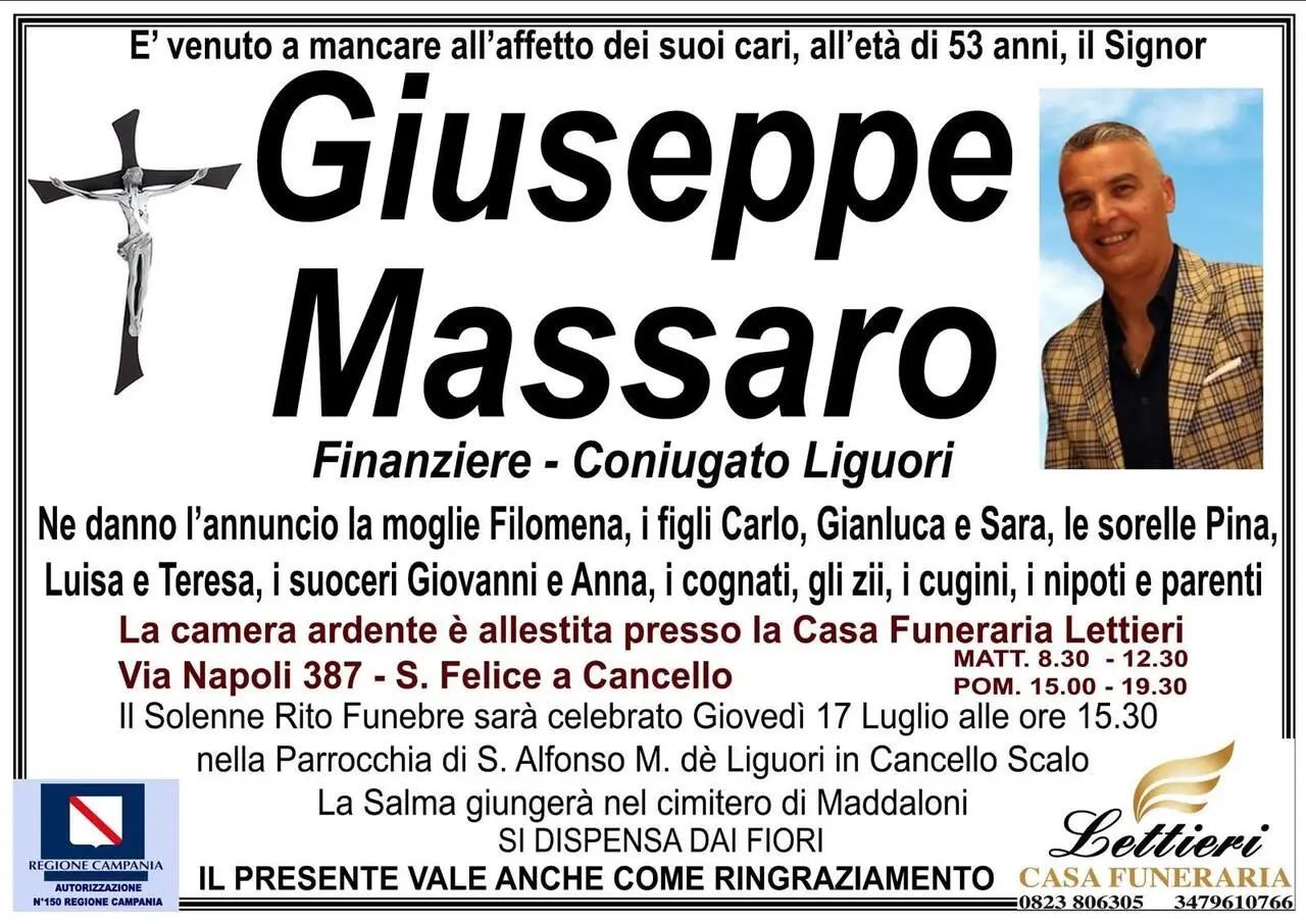 Muore finanziere, ecco quando si terranno i funerali