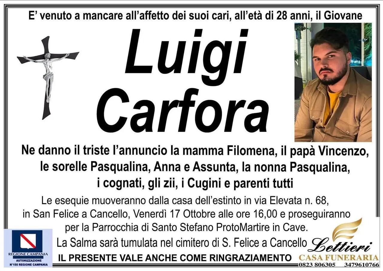 Il manifesto funebre di Luigi Carfora