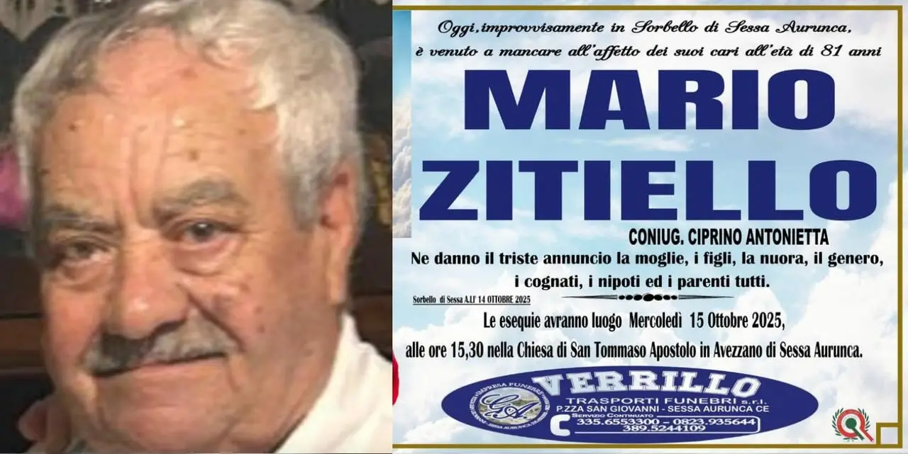 Muore Mario Zitiello: grave lutto a Sorbello di Sessa