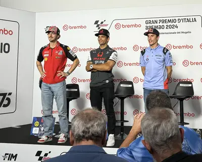 Da sinistra: Francesco Bagnaia, Jorge Martin e Marc Marquez in conferenza stampa al Mugello | Credits: LiveGP (Giorgia Guarnieri)