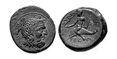 Brundisium, bronzo (circa 215 a.C.). Testa di Nettuno / giovane su delfino