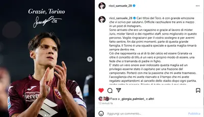 Samuele Ricci saluta il Torino