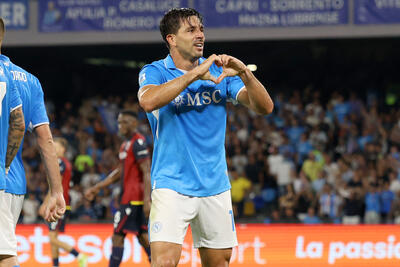 Giovanni Simeone of SSC Napoli celebrates after scoring his side's third goal during the Serie match between Napoli and Bologna at Stadio Diego Armando Maradona on August 25, 2024 in Naples, Italy.