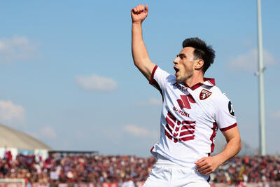 Elmas of Torino celebrates after scoring his team's first goal during the Serie A match between Monza and Torino at U-Power Stadium on March 02, 2025 in Monza, Italy.