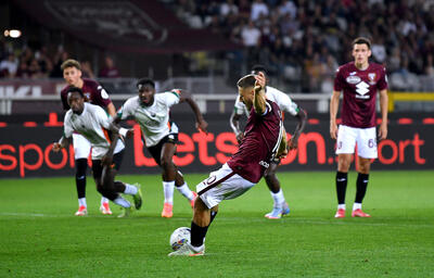 Nikola Vlasic of Torino scores his team's first goal from the penalty spot during the Serie A match between Torino and Venezia at Stadio Olimpico di Torino on May 02, 2025 in Turin, Italy.