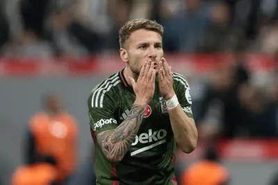 Ciro Immobile of Besiktas celebrates after scoring his team's fourth goal during the Turkish Super League match between Besiktas and Adana Demirspor at Turpas Stadium on May 11, 2025 in Istanbul, Turkey.