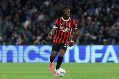Warren Bondo of AC Milan during the Serie A match between Napoli and AC Milan at Stadio Diego Armando Maradona on March 30, 2025 in Naples, Italy.