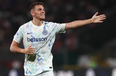 Kristjan Asllani of FC Internazionale gestures during the Pre-season Friendly match between AC Monza and FC Internazionale at U-Power Stadium on August 12, 2025 in Monza, Italy.