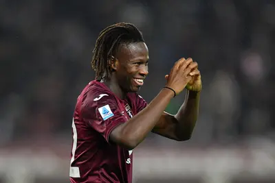 Alieu Eybi Njie of Torino celebrates scoring his team's first goal during the Serie A match between Torino and Como at Stadio Olimpico di Torino on October 25, 2024 in Turin, Italy.