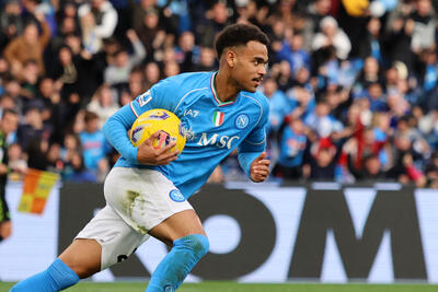 Cyril Ngonge of SSC Napoli celebrates after scoring his side first goal during the Serie A TIM match between SSC Napoli and Hellas Verona FC at Stadio Diego Armando Maradona on February 04, 2024 in Naples, Italy.