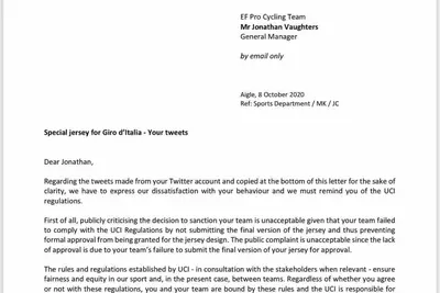 la lettera di richiamo dell'UCI pubblicata da Vaughters