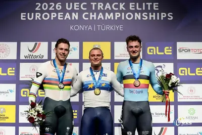 Il podio del Keirin maschile agli Europei su pista di Konya 2026 ©UEC