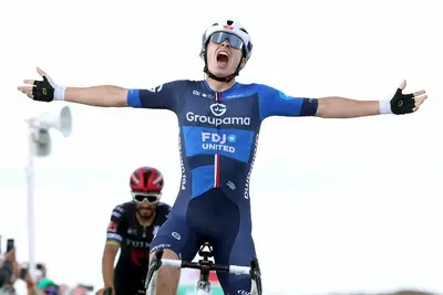 Romain Gregoire al traguardo della 4^ tappa del Tour of Britain 2025 @ Getty Sport via X Groupama-FDJ