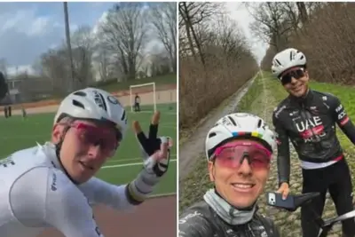 Screen da IG con Pogačar e Vermeersch sul tracciato della Parigi-Roubaix