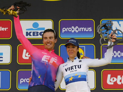 Alberto Bettiol e Marta Bastianelli sul podio del Giro delle Fiandre 2019 © Flanders Classics