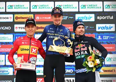 Il podio della Milano-Torino 2026 © Pinarello Q36.5 Pro Cycling Team via X