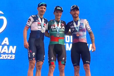 Sam Bennett tra Michael Mørkøv e Giacomo Nizzolo sul podio della prima tappa della Vuelta a San Juan