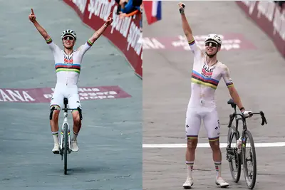 Pogačar alla Strade Bianche 2025 (a sinistra, ©UAE Emirates-XRG) e alla Strade Bianche 2026 (a destra ©Strade Bianche)