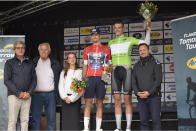 Gust Lootens (maglia rossa) e Niklas Berhens (maglia verde) sul podio del Flanders Tomorrow Tour ©Stad Nieuwpoort