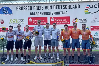 Il podio dello sprint a squadre nel Großer Preis von Deutschland im Sprint ©Real Federación Española de Ciclismo