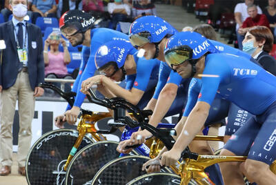 Filippo Ganna, Manlio Moro, Jonathan Milan e Francesco Lamon impegnati ai Mondiali di Saint-Quentin-en-Yvelines © Federciclismo