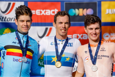Il podio del campionato europeo tutto targato Jumbo Visma: Laporte, Van Aert e Kooij ©Team Jumbo Visma