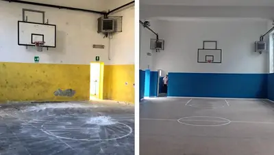 Prima e dopo della palestra dell'istituto Lentini di Mottola