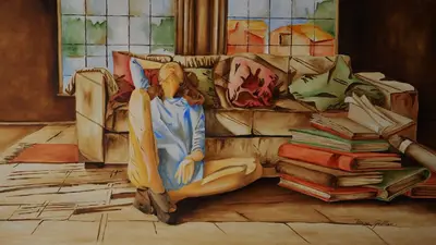 Opera di Teresa Grotteria, olio su tela 40x80, "Alla donna che sono stata voglio bene..."