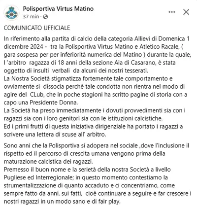 Il comunicato del Matino