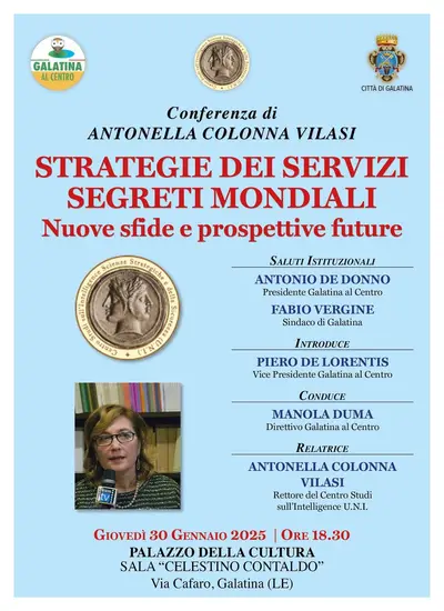 Locandina conferenza "Stretegie dei servizi segreti mondiali"