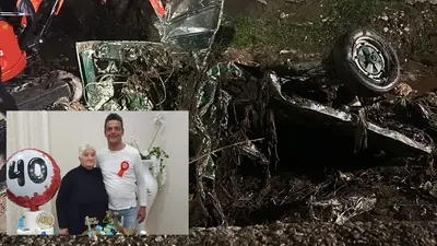 L'Apecar ritrovata accartocciata. Nella foto all'interno Agnese e Giuseppe